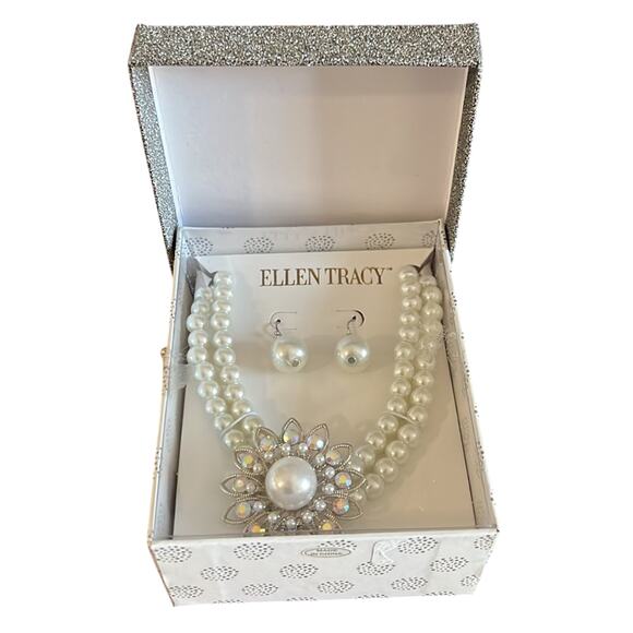 Ellen Tracy Pearl Necklace and Earrings Set New in Box Art Deco Glam Classic - Picture 1 of 4